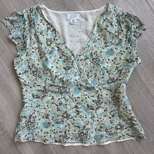 Loft Silk Blue And‎ Green Floral Short Sleeve Wrap Top Women's Size 10